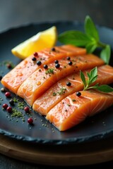 Wall Mural - Delicious Sashimi-Style Salmon Fillets with Herbs and Spices on a Dark Plate