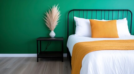 Sticker - Cozy Bedroom with Green Wall, Yellow Accent, and Minimalist Decor