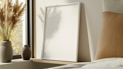 Wall Mural - Minimalist bedroom decor with empty frame and natural elements