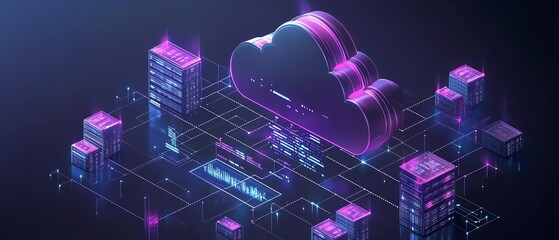 Fototapete - Cloud computing concept, serverless technology on hybrid cloud network, modern infrastructure equipment, data transfer, digital connections, hightech design, ultraHD, 4K quality
