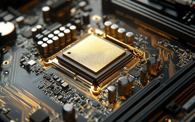 Poster - Liquid gold CPU chip installed on motherboard