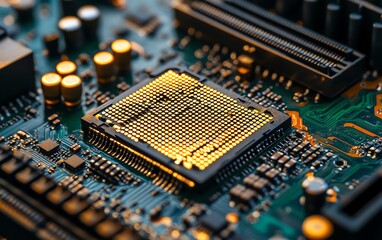 Poster - Liquid gold CPU chip installed on motherboard