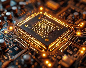 Aufkleber - Liquid gold chip installed on motherboard, glowing smart processor circuits, fast conductor, 3D technology background, fluid digital data, hightech digital art, 8K quality