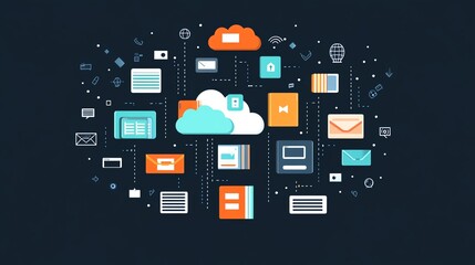 Fototapete - Cloud storage with global file icons on a dark background, emphasizing modern technology, connectivity, and secure data exchange