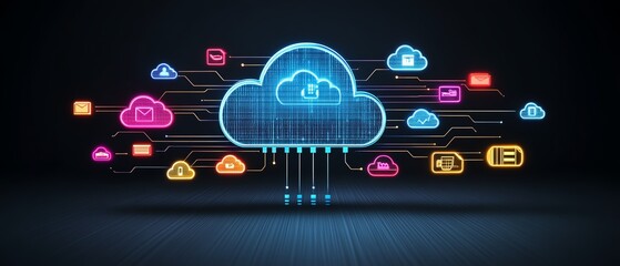 Leinwandbilder - Digital cloud storage concept with interconnected file icons and a dark background, symbolizing fast, reliable, and global data sharing