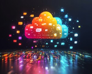 Poster - Digital cloud storage concept with global file icons floating on a dark background, symbolizing seamless data access and synchronization