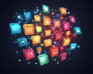 Leinwandbilder - Digital cloud storage concept with global file icons floating on a dark background, symbolizing seamless data access and synchronization