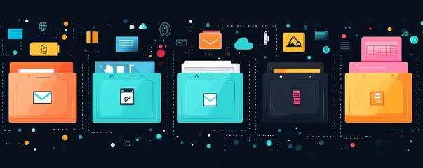Fototapete - Digital cloud storage interface featuring global file icons on a dark background, representing easy file management and global access