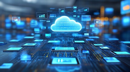 Leinwandbilder - Cloud storage and global file sharing concept on digital devices, showcasing seamless synchronization and data management worldwide