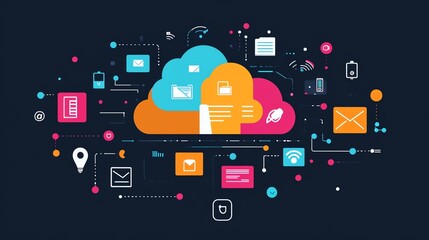 Leinwandbilder - Cloud storage concept with interconnected global file icons on a dark background, illustrating secure and efficient data management