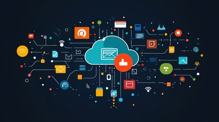 Leinwandbilder - Cloud storage concept with interconnected global file icons on a dark background, illustrating secure and efficient data management