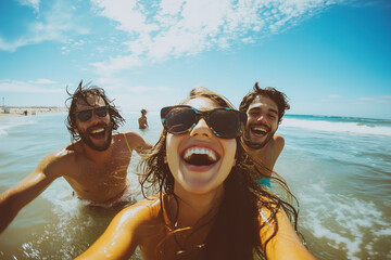 Friends joyfully laughing on a sunny beach day