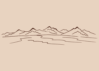 Wall Mural - Landscape with mountains. Hand drawn vector illustration.