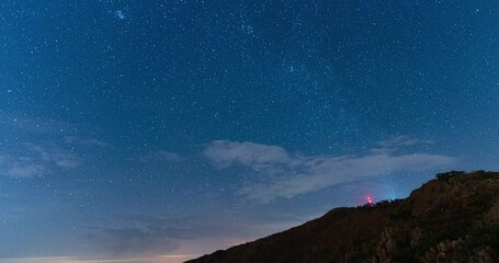 Wall Mural - bright starry sky above mountain landscape, time lapse view