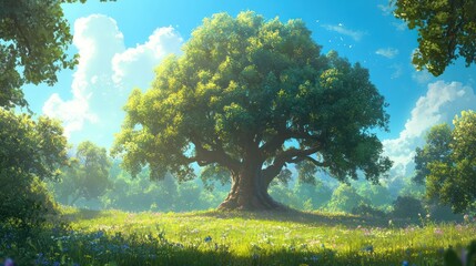 Wall Mural - Majestic oak tree in sunny meadow, forest background, idyllic nature scene, perfect for children's book illustration