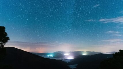 Wall Mural - milky way galaxy spins above landscape of spain with city lights, time lapse