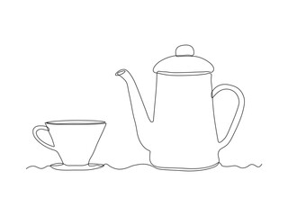 Wall Mural - Abstract coffee pot, teapot and cup, continuous single one line art hand drawing sketch logo