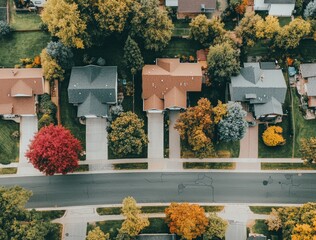 Wall Mural - Aerial view of an American suburban neighborhood with colorful trees and houses, captured from above by the camera.