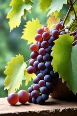 Wall Mural - grapes are in a wooden bowl on a table with leaves