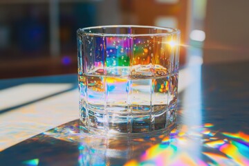 Wall Mural - A glass of water sits on a iridescent surface, sunlight reflecting vibrant colors.