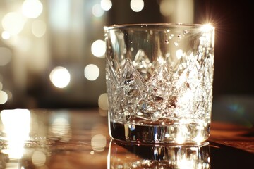 Wall Mural - A crystal glass sits on a wooden surface, illuminated by a warm, bokeh-filled background.
