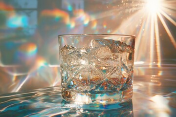 Wall Mural - A rocks glass filled with ice and liquid, illuminated by sunbeams and iridescent reflections.