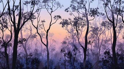 Wall Mural - Misty Sunrise Forest Silhouette Landscape Art