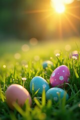  Decorative painted eggs nestled in vibrant spring grass bathed in warm sunlight