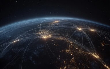 Global network connections at night, Earth, data flow, illustration