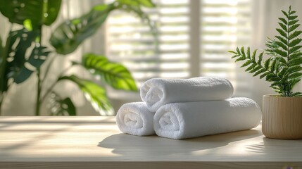 Wall Mural - Soft white towels neatly stacked on a shelf surrounded by indoor plants in a bright room