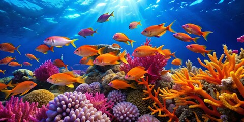 Naklejka na meble Vibrant Coral Reef with Tropical Fish Under Clear Blue Ocean