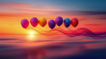 Wall Mural - Colorful balloons floating over a serene sunset on the water