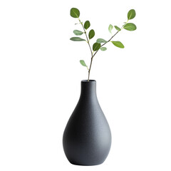 Aufkleber - A single sprig of green leaves sits in a dark grey ceramic vase against a black background creating a simple yet elegant image.