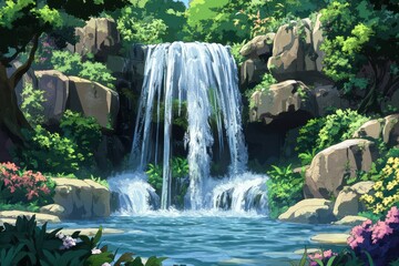 Wall Mural - Lush Waterfall in Tranquil Forest