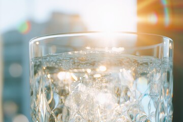 Wall Mural - A close-up of a glass filled with sparkling water, backlit by sunlight.