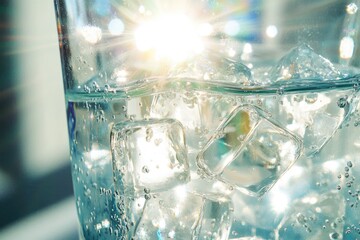Wall Mural - Close-up of ice cubes melting in a glass of sparkling water, backlit by sunlight.