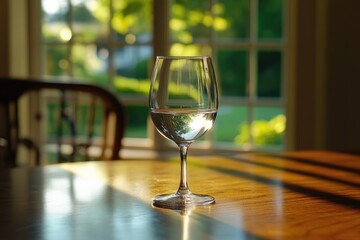 Wall Mural - A wine glass filled with liquid sits on a wooden table near a sunlit window.