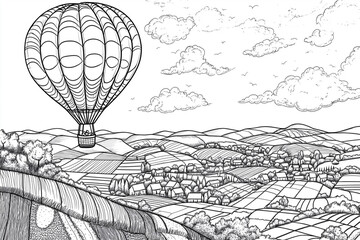hot air balloon is flying over a rural landscape. The balloon is filled with air and is being carried by the wind. The sky is cloudy, and the landscape is dotted with houses and trees. Coloring book. 