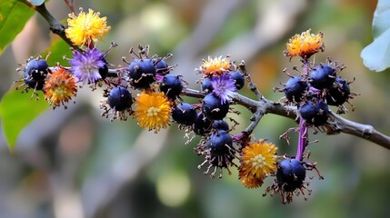 Canvas Print - Vibrant Purple Yellow Flowers and Dark Blue Berries on Branch