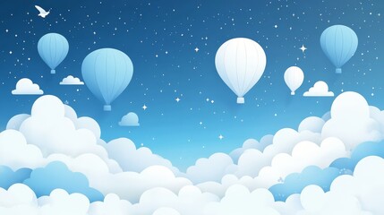 Wall Mural - White hot air balloons floating above fluffy clouds in a blue sky setting