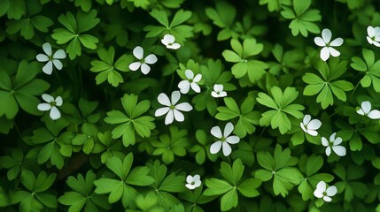 Wall Mural - A lush carpet of green leaves interspersed with delicate white flowers, forming a vibrant and serene natural tapestry under the gentle light.