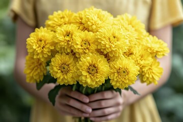 Wall Mural - Bright yellow chrysanthemums held by a person against a soft background in a natural setting