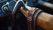 © VK Studio - A classic leather belt lies casually draped over a vintage car's steering wheel, evoking nostalgia and timeless elegance.