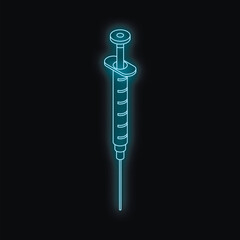 Wall Mural - Neon medical syringe glowing on dark background, representing healthcare, vaccination and medicine