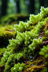 Wall Mural - a close up of a moss covered tree trunk with water droplets