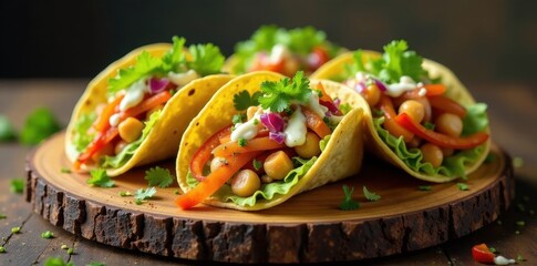 Wall Mural - Delicious Savory Chickpea Tacos with Fresh Vegetables and Creamy Sauce on Rustic Wooden Board