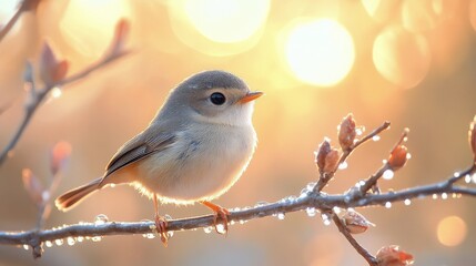 Wall Mural - Small bird perched on a branch with sparkling dew in a soft golden light at dawn