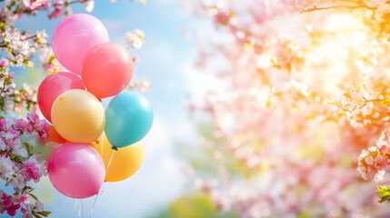 Wall Mural - Colorful balloons floating among cherry blossom trees under a bright blue sky