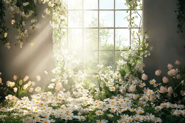 Wall Mural - Bright sunlit room filled with blooming flowers and greenery near a large window