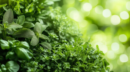 Green Leaves and Herbs Bokeh background. green vegetarian food. healthy food background